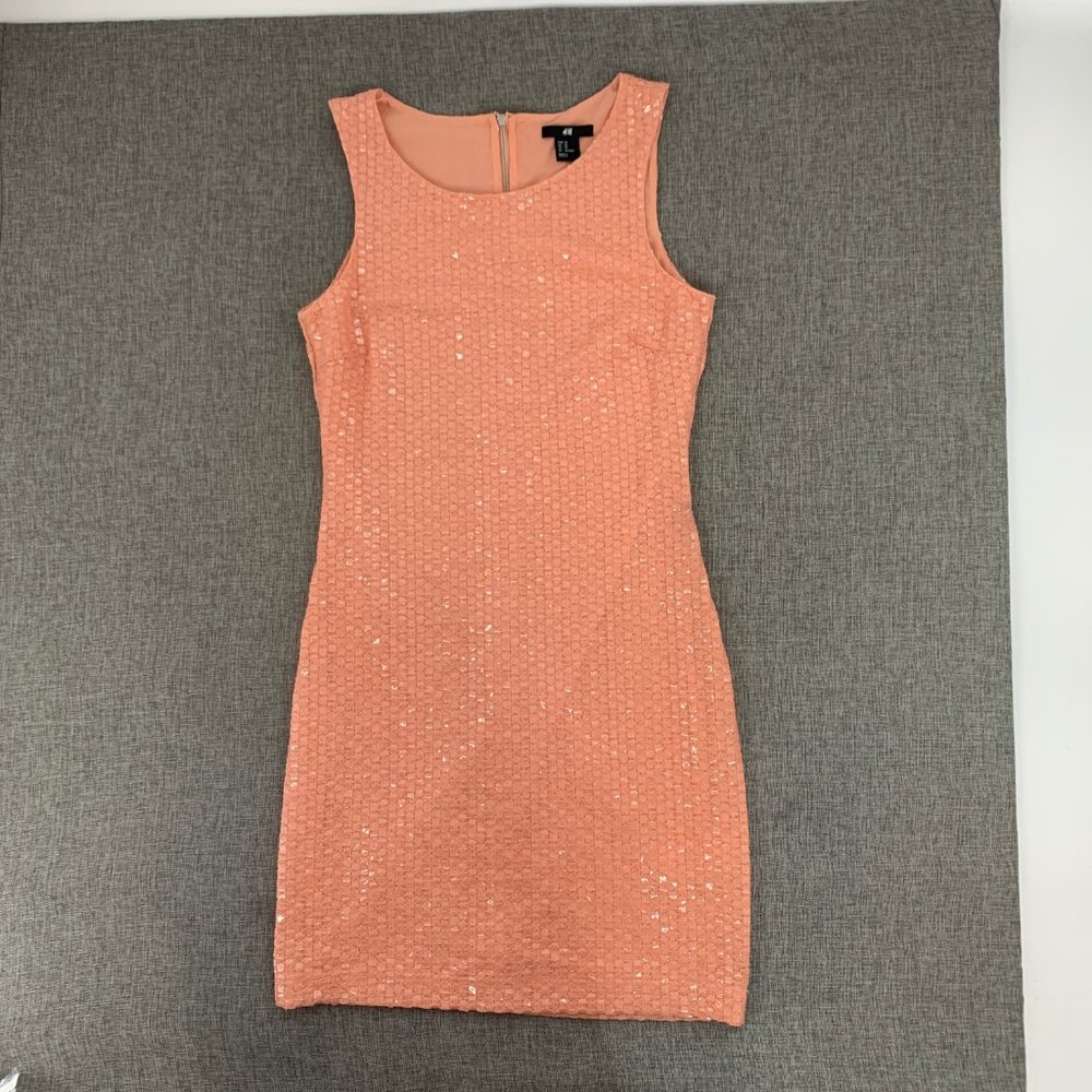 H&M Sequin‎ Bodycon Mini Dress Peachy Color XS Round Neck Zipper Closure Party
